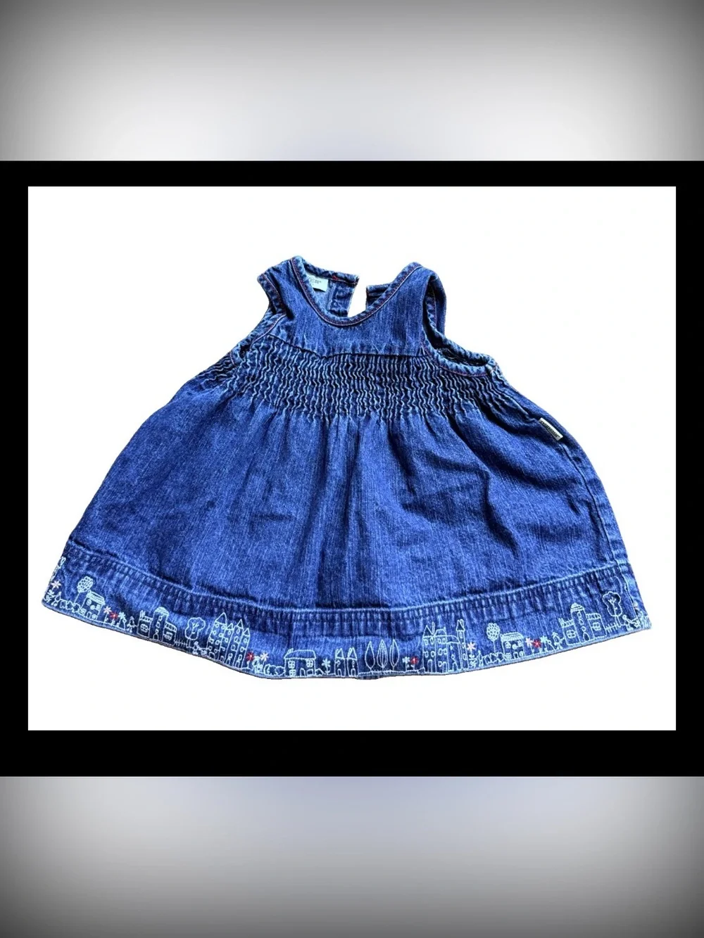 Vtg OshKosh B’gosh Scenic hem village embroidered denim smocked denim Y2K dress